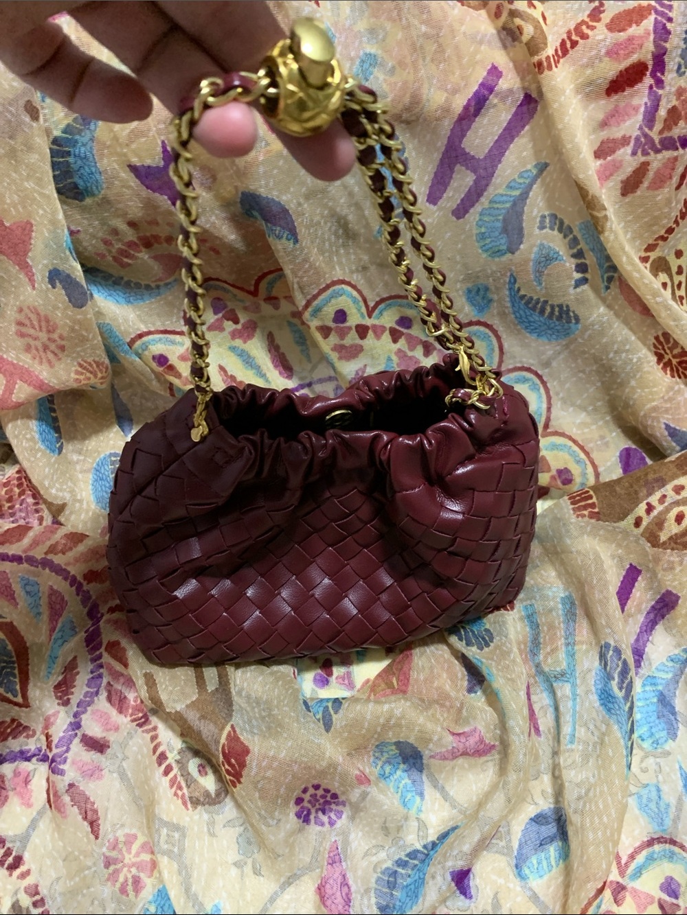 Woven Mini Shoulder Bag in Burgundy with Gold Chain